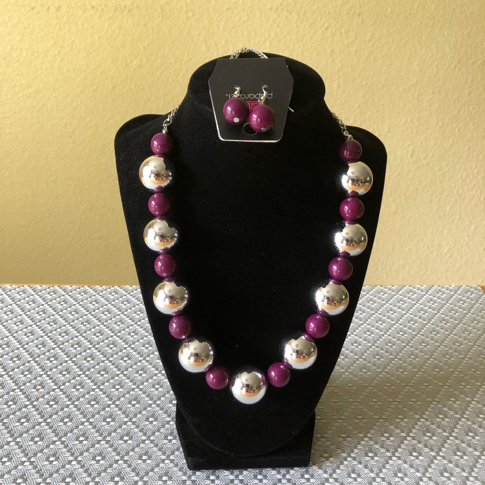 Paparazzi Top Pop Purple Silver Bead Chunky Statement Necklace & Earring Set NWT